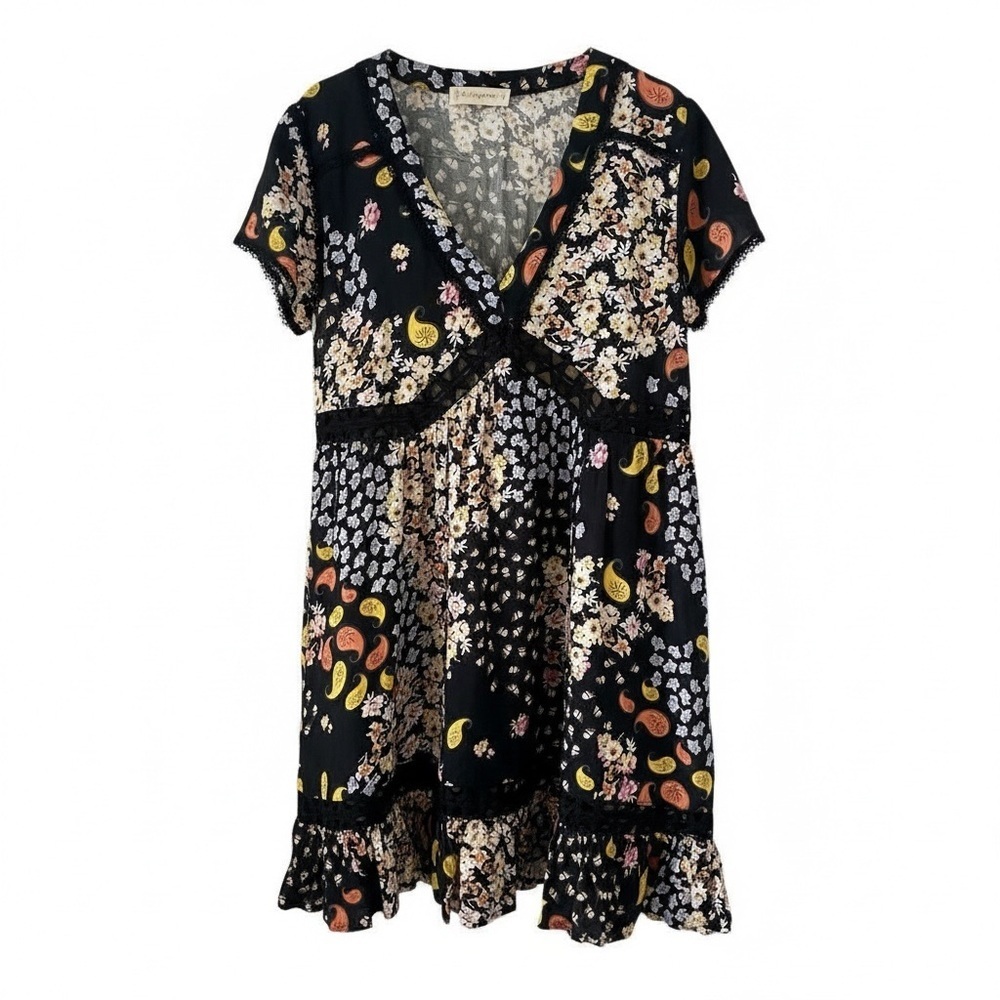 By Together Woman’s Floral Black Print Whimsical Dress V-Neck Size S